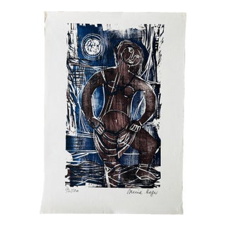 1970’s Modernist German Woodblock Print - Signed - Maria Beine Hager - Woman in Moonlight For Sale
