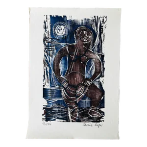 1970’s Modernist German Woodblock Print - Signed - Maria Beine Hager - Woman in Moonlight