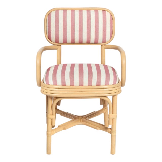 Dorine Striped Performance Linen & Rattan Dining Armchair, Cherry For Sale - Image 11 of 11