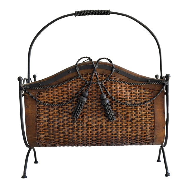 Vintage Wicker and Iron Storage Basket, Sculptural Magazine Rack With Tassel Detail, 18” H X 16” W For Sale
