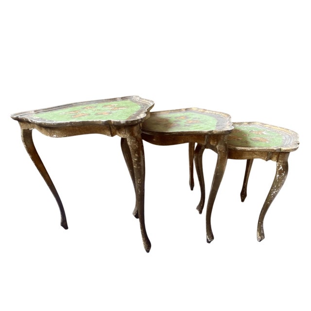 Neoclassical Vintage Trio Nesting Tables Italian Florentine Gilt Composite Circa 1970 Neoclas For Sale - Image 3 of 10