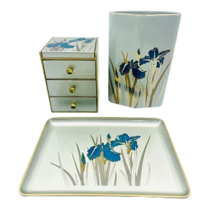 Mid 20th Century “Royal Iris” Otagiri Co. Vanity/Desk Organizer Set- 3 Pieces