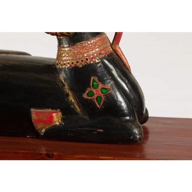 Wood Vintage Northern Thai Double Ram Painted Sculpture with Gilt & Jewelry Motifs For Sale - Image 7 of 13