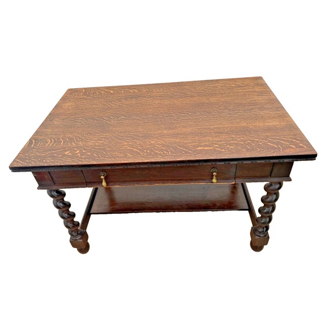 Jacobean Antique Barley-Twist Tiger Oak Library Desk Writing Table Jacobean Revival Shelf For Sale - Image 3 of 13