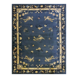 Blue Floral Bird Chinese Peking Knotted Room Size Blue Wool Antique 1920s Rug For Sale