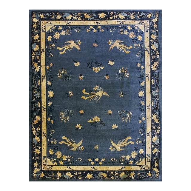 Blue Floral Bird Chinese Peking Knotted Room Size Blue Wool Antique 1920s Rug For Sale