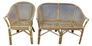 Set of Rattan and Cane Living Room Bench and Armchair, 1970s