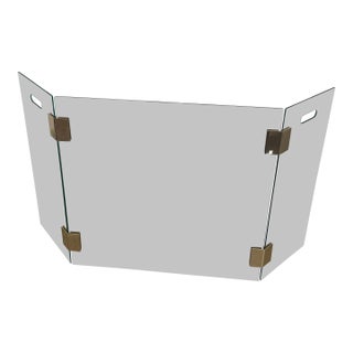 Mid-Century Modernist Tri-Fold Glass Fire Screen With Brass Hinges in the Style of Jacques Adnet For Sale