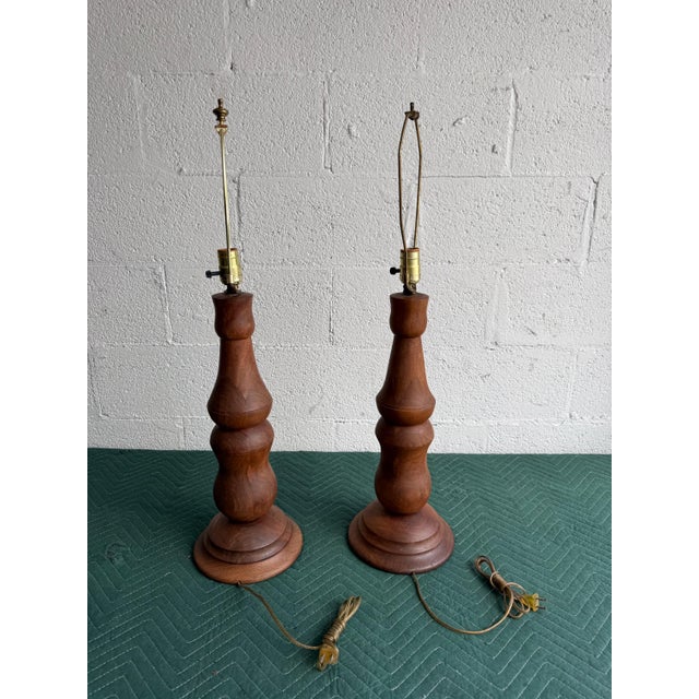 Vintage Mid-Century Sculptural Turned-Wood Table Lamps - Pair For Sale - Image 15 of 17