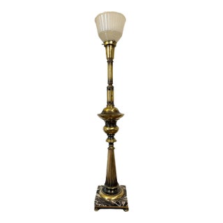 Vintage Tall Stiffel Brass & Black Marble Torchiere Lamp With Diffuser Shade, Unmarked For Sale