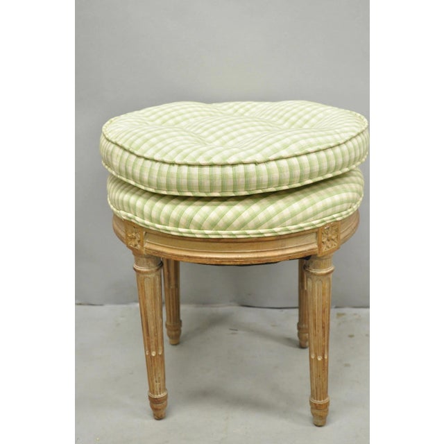 Vintage French Country Louis XVI Style Round Seat Carved Wood Cabriole Leg Vanity Stool w/ Distressed White Washed Finish...