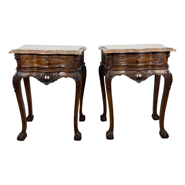 French Louis XV Style Nightstands with Marble Tops, 1940s, Set of 2 For Sale