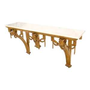 Hanging Fine Carved Antique Gold Gilt Base Marble Top Console Table Credenza