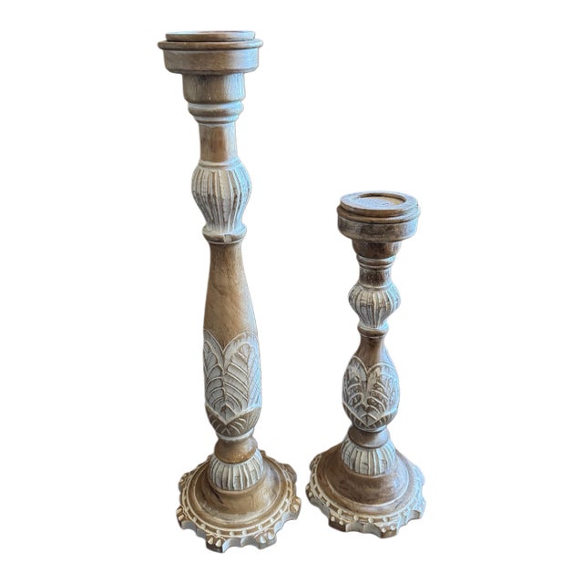 Pair of Hand-Carved Wooden Floor Candlesticks, Whitewashed Finish (30” and 22” Tall) For Sale