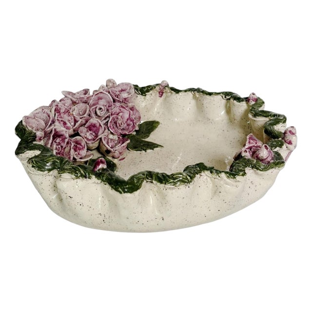 Pottery Vide-Poche with Floral Decorations, France, 1970s For Sale