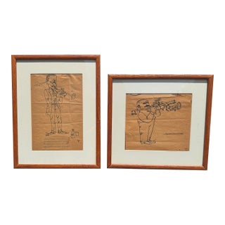 Vintage Framed and Signed Pair of Jazz Age Drawings in Pen For Sale