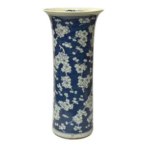 Vintage Chinese Blue White Blossom Wide Mouth Column Porcelain Vase