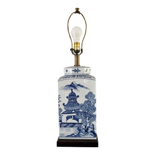 Vintage Frederick Cooper Chinoiserie Blue & White Lidded Jar Table Lamp — 28” For Sale
