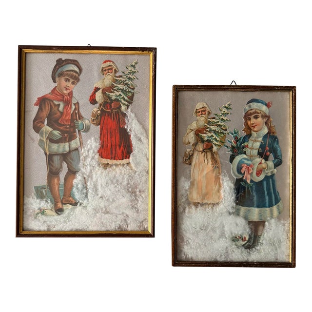 Vintage 1950s Italian Handmade Christmas Santa Wall Art With Faux Snow – Pair For Sale