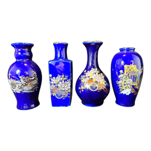 Vintage Hand Painted Kutani Cobalt Blue Miniature Porcelain Vases Japan- Set of 4