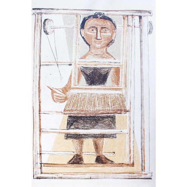Hand signed. In “La Tessitrice” (“The Weaver”), an hand signed lithograph by Massimo Campigli, the artist represents a...
