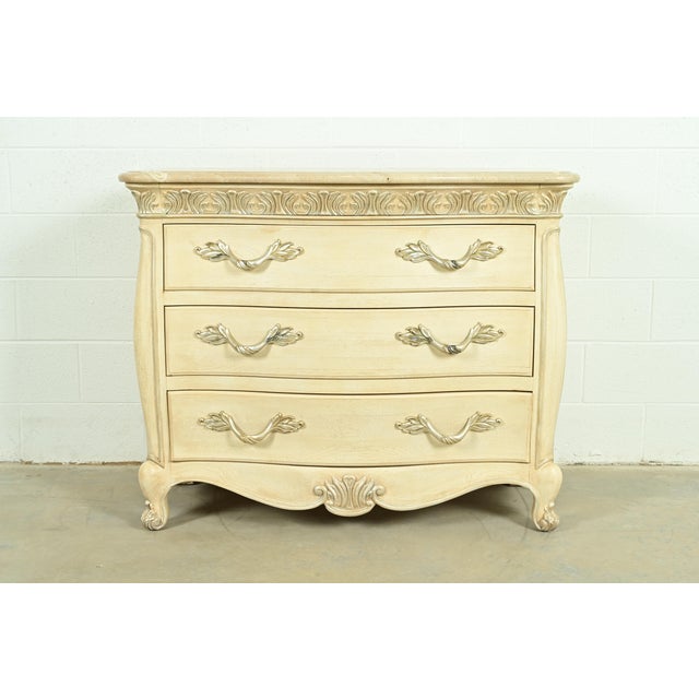 French Provincial Henredon French Rococo Louis XV Carved Oak and Silver Gilt Marble Top Commode or Chest of Drawers For Sale - Image 3 of 18
