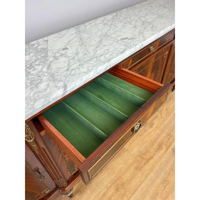 Vintage French Empire Carved Burr Inlay Sideboard with Marble Top For Sale - Image 16 of 18