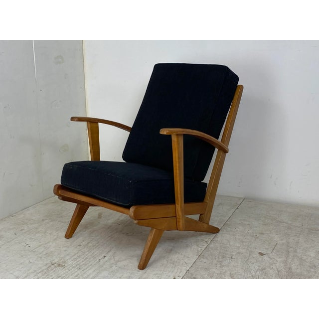 Vintage, modernist Mid-century, easy chair, 1950s. Chair has original cushions with original upholstery.