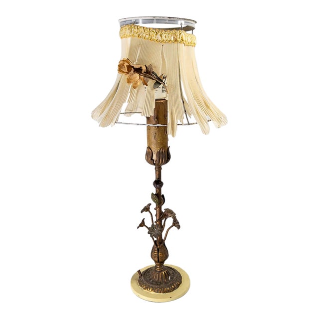 20th Century Italian Floral Tole Ware Style Metal Boudoir Table Lamp With Distressed Shade For Sale
