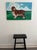 Large vintage folk art dog portrait painted on panel, signed and dated “K. Hines ‘70” lower right. Features a brown and...