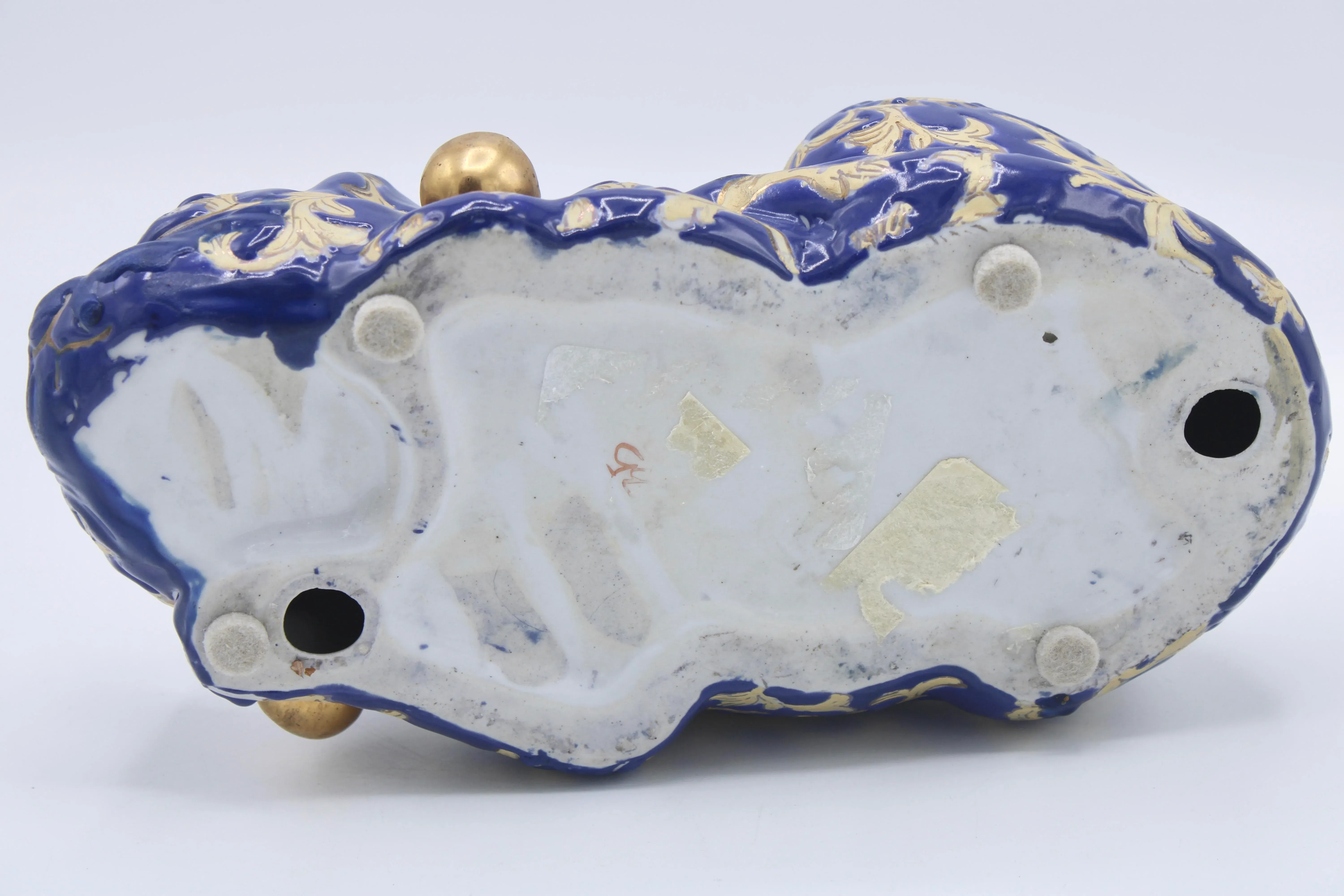 Vintage Asian Blue and Gold Ceramic Sleeping Cat | Chairish