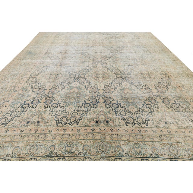 Beige 11 X 17 Antique Kerman Wool Rug in Muted Beige With Floral Medallion Design For Sale - Image 8 of 10