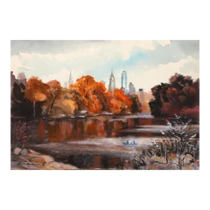 Fall in the Park, Erik Freyman Watercolor With Pastel, Signed in Pen