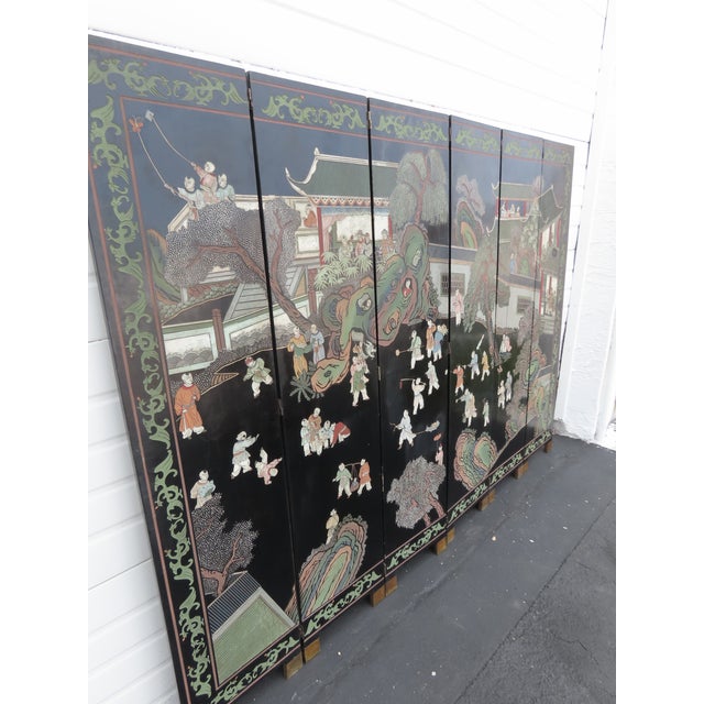 Asian Oriental Tall Six Panel Hand Painted Privacy Screen Room Divider 6439 For Sale - Image 13 of 18