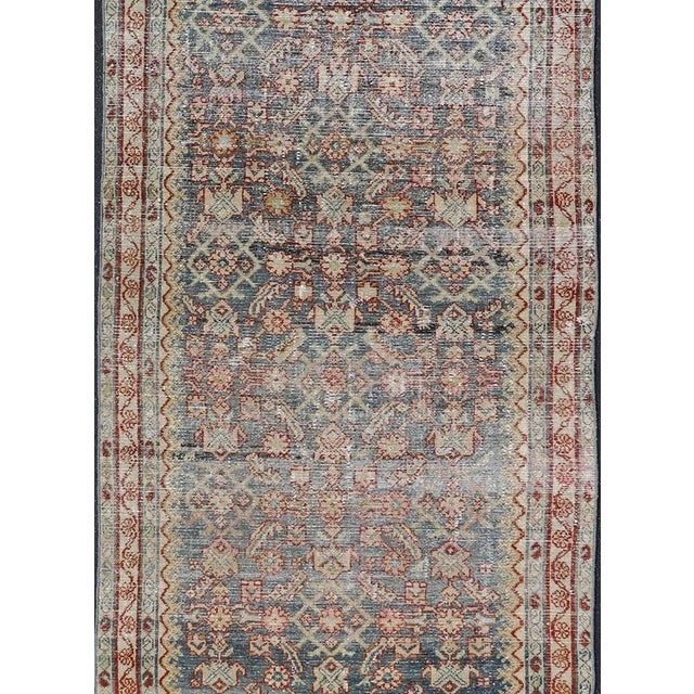 Traditional Early 20th Century Antique Persian Malayer Gallery Runner With All-Over Design in Gray, Steel Blue and Multi Colors For Sale - Image 3 of 13