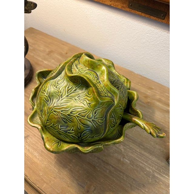 American Ceramic Cabbage Covered Serving Dish Vintage Holland With Ladle For Sale - Image 3 of 7
