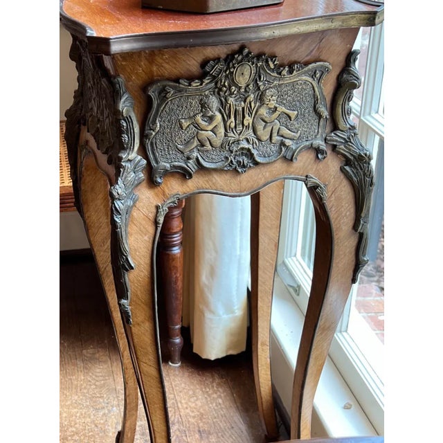 Brown Antique Pair Early 20th Century Louis XV Style French Tall Side Hall Tables With Cherubs Brass Plaques & Findings For Sale - Image 8 of 9