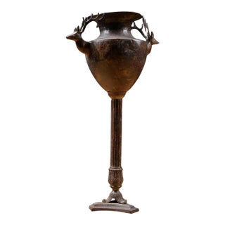 Vintage Cast Metal Pedestal Jardinière With Sculptural Stag Handles For Sale