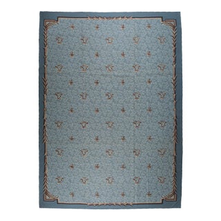 9x12 Vintage Aubusson Flat Weave Wool Rug, Blue Fleur-De-Lis For Sale