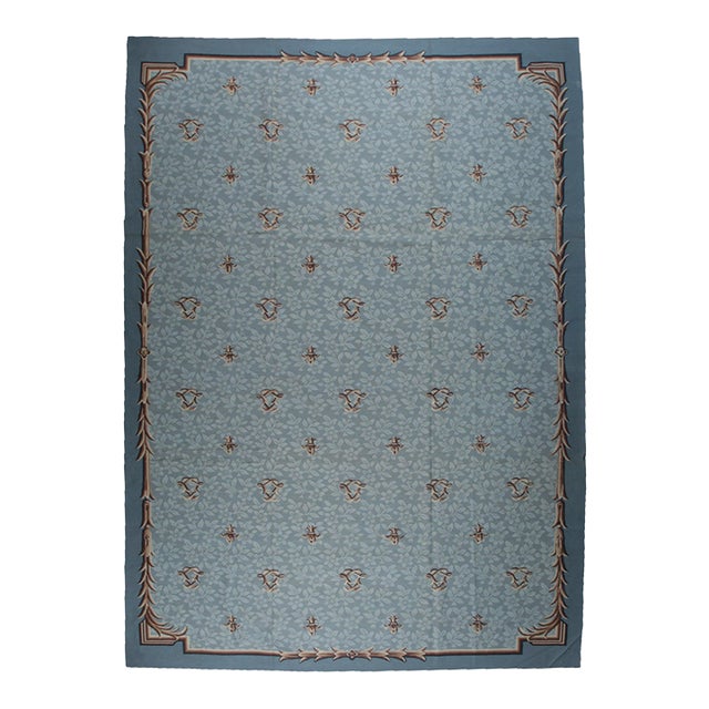 9x12 Vintage Aubusson Flat Weave Wool Rug, Blue Fleur-De-Lis For Sale