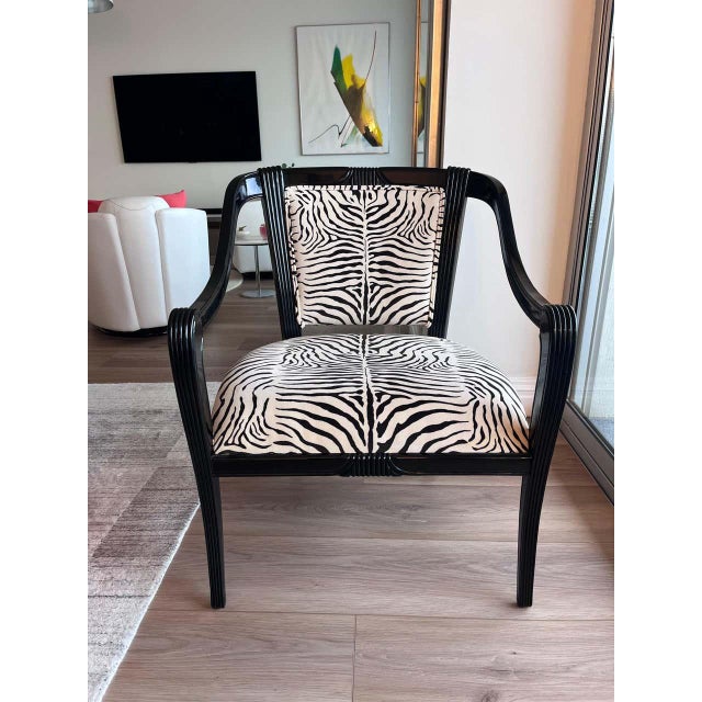 Hollywood Regency Black Glossy and Cotton Velvet Zebra Armchairs- A Pair For Sale - Image 3 of 11