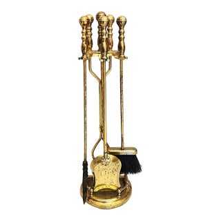 Vintage Brass Fireplace Tools Set 4 Piece & Stand For Sale
