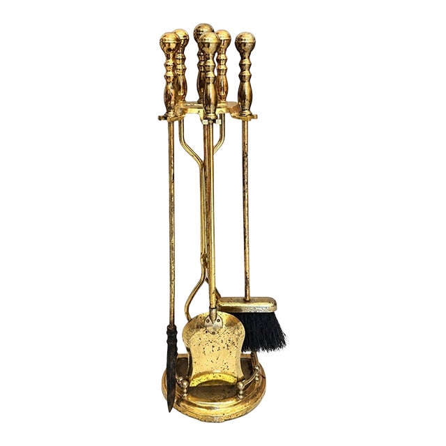 Vintage Brass Fireplace Tools Set 4 Piece & Stand For Sale