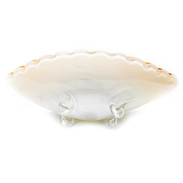 Mid-Century Modern Very Large 1950's Mid-Century Modern Fratelli Toso Oversized Italian Murano Art Glass White, Orange, & Gold Fleck Footed Centerpiece Bowl For Sale - Image 3 of 9