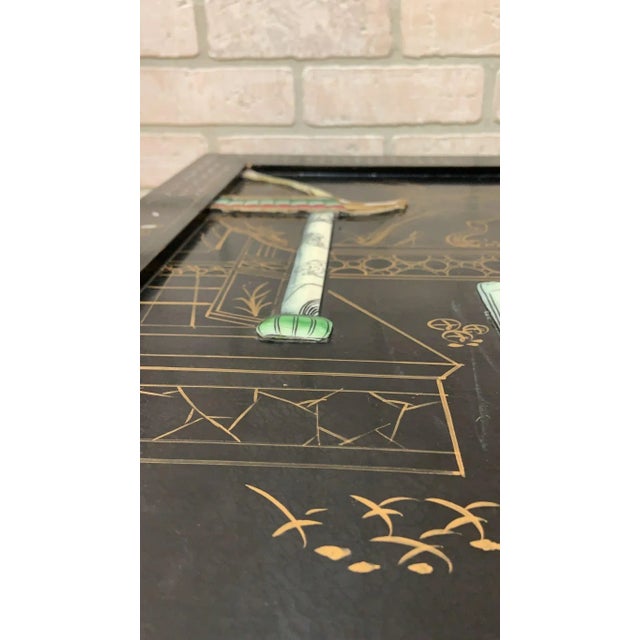 Mid Century Modern Black Lacquer Chinoiserie Coffee Table With Mother of Pearl Inlays For Sale - Image 9 of 11