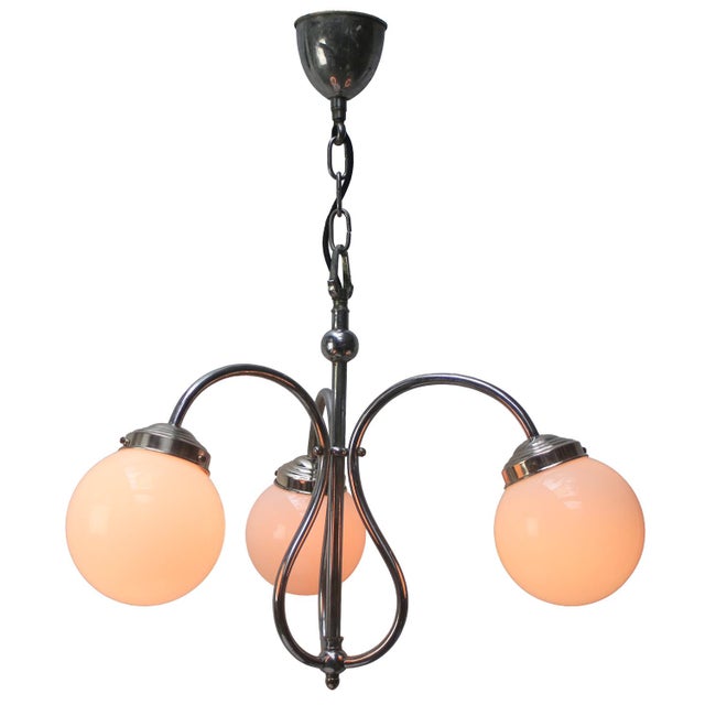 1950s French Art Deco Nickel-Plated 3-Arm Chandelier with White Opaline Glass Globes For Sale - Image 5 of 10