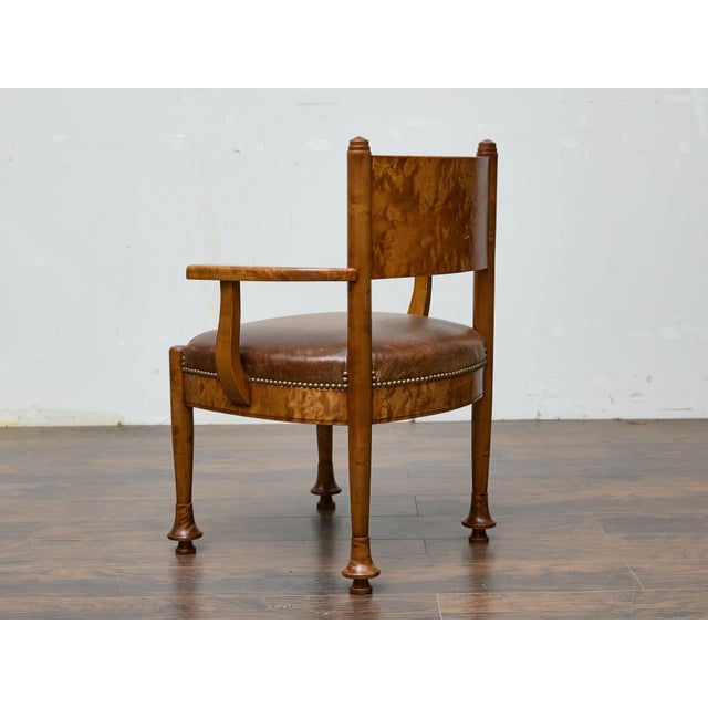 Early 20th Century English Burl Wood Armchair with Leather Upholstery and Turned Disc Feet For Sale - Image 12 of 12