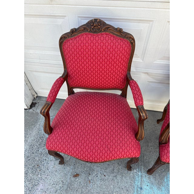 Wood Vintage French Louis XV Style Armchairs | Pair Vintage Accent Chairs | Upholstered Bergere Chairs | Carved Wood Living Room Seating For Sale - Image 7 of 11