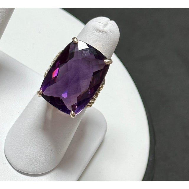 Metal Huge 40Ct Checker Board Cushion Cut Natural Amethyst Cocktail Ring 14KYG, 15.8gm For Sale - Image 7 of 18