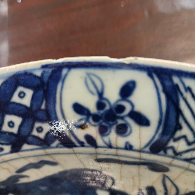 Blue Antique Chinese Blue & White Porcelain Bowl With Rare Coral Glaze Exterior – Qing Dynasty Scholar Motif – Late 19th Century For Sale - Image 8 of 14